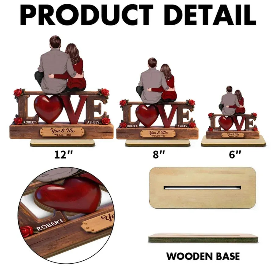 Personalized 2-Layer Wooden Plaque - Embracing Couple with Roses