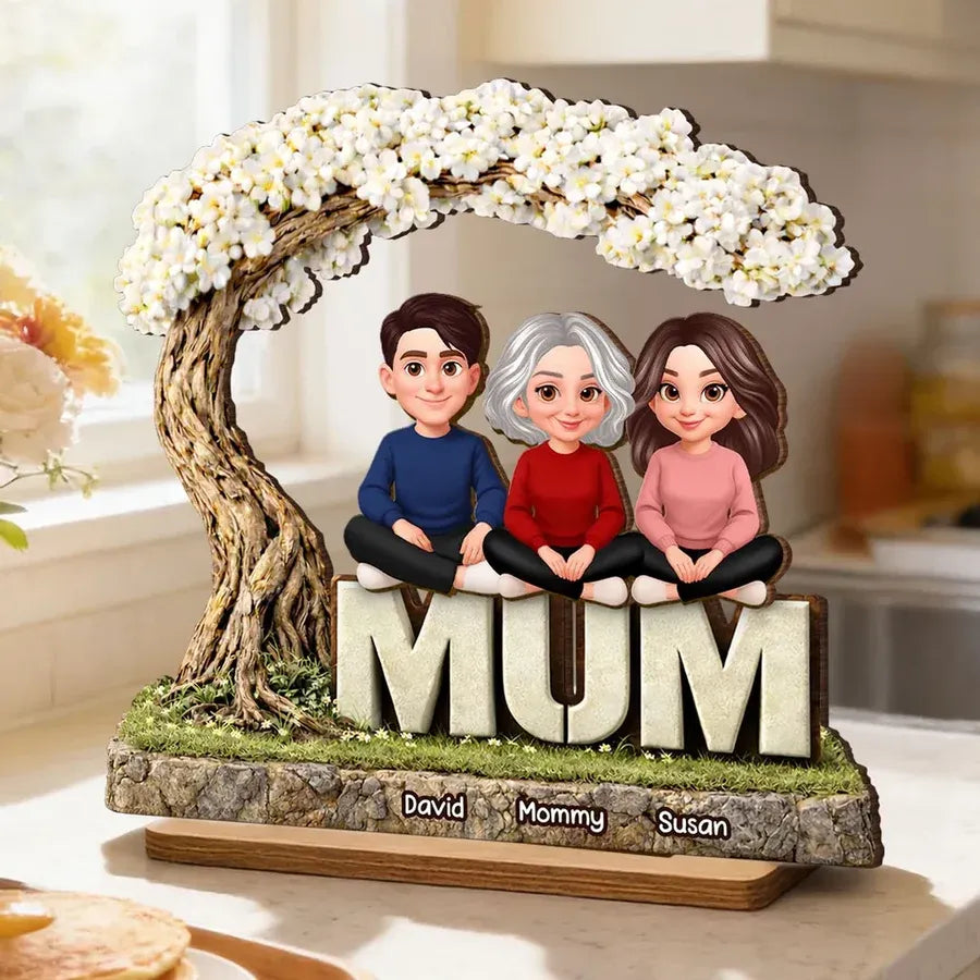 Personalized 2-Layer Wooden Plaque - Family Under a Flowering Tree