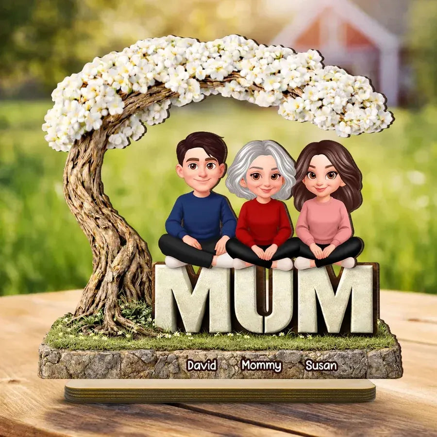 Personalized 2-Layer Wooden Plaque - Family Under a Flowering Tree
