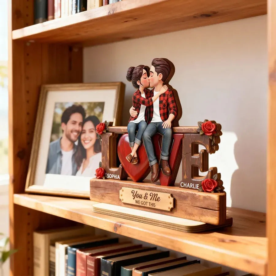 Personalized 2-Layer Wooden Plaque - Kissing Couple on LOVE Letters