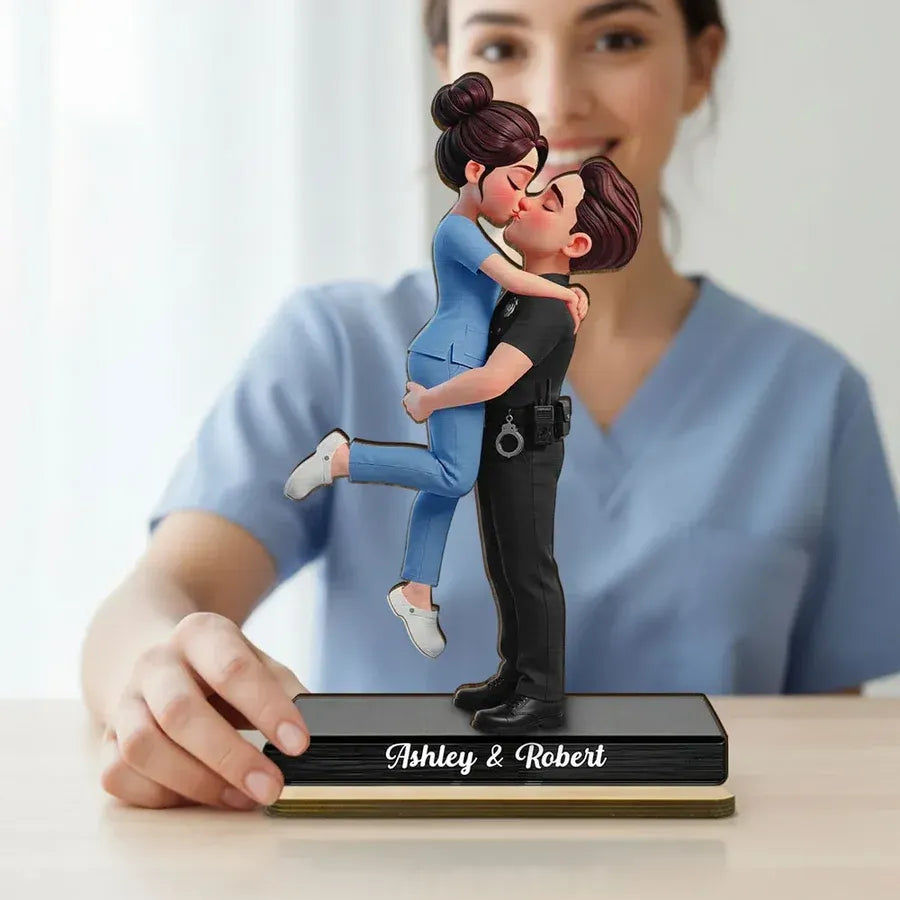 Personalized 2-Layer Wooden Plaque - Uniformed Couple Kiss