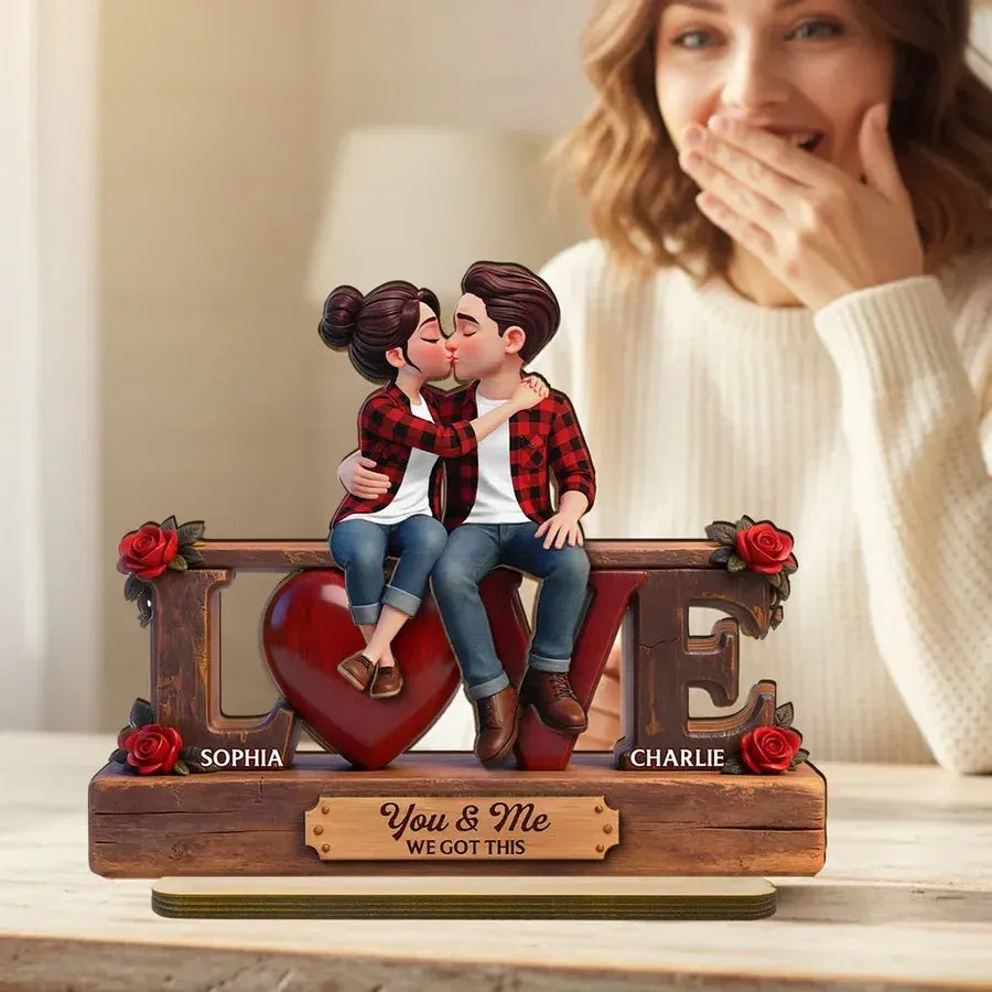 Personalized 2-Layer Wooden Plaque - Kissing Couple on LOVE Letters
