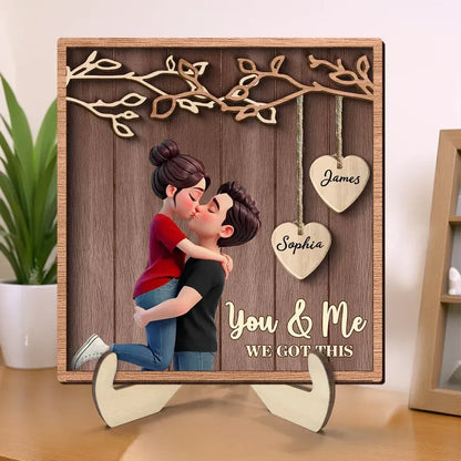 Personalized 2-Layer Wooden Plaque - Couple Under Hanging Hearts