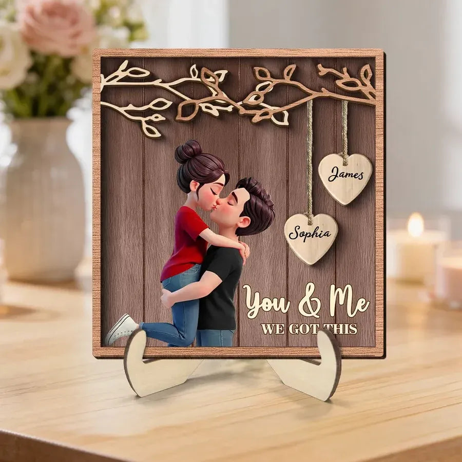 Personalized 2-Layer Wooden Plaque - Couple Under Hanging Hearts