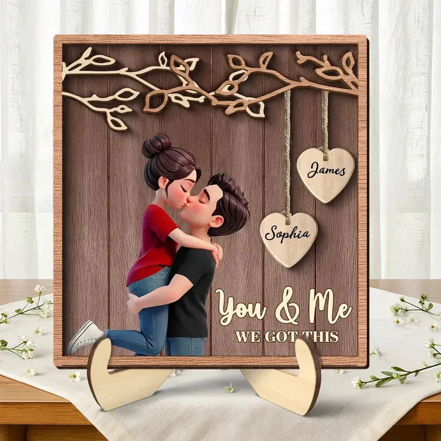 Personalized 2-Layer Wooden Plaque - Couple Under Hanging Hearts