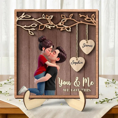 Personalized 2-Layer Wooden Plaque - Couple Under Hanging Hearts