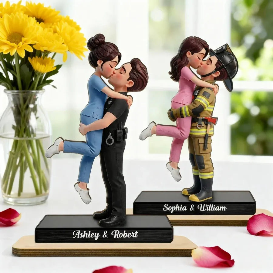 Personalized 2-Layer Wooden Plaque - Uniformed Couple Kiss
