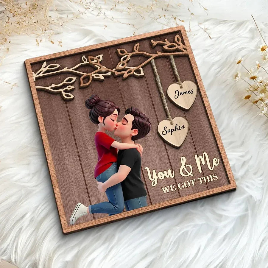 Personalized 2-Layer Wooden Plaque - Couple Under Hanging Hearts