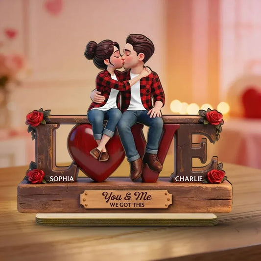 Personalized 2-Layer Wooden Plaque - Kissing Couple on LOVE Letters