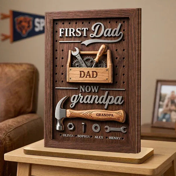 Personalized 2-Layer Wooden Plaque - First Dad Now Grandpa Toolbox