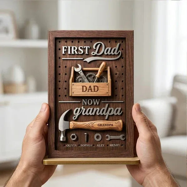 Personalized 2-Layer Wooden Plaque - First Dad Now Grandpa Toolbox