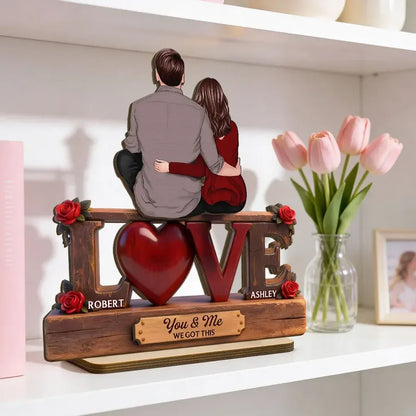 Personalized 2-Layer Wooden Plaque - Embracing Couple with Roses