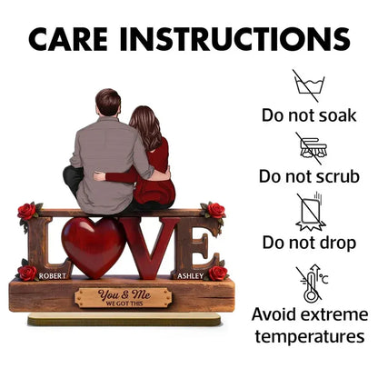 Personalized 2-Layer Wooden Plaque - Embracing Couple with Roses