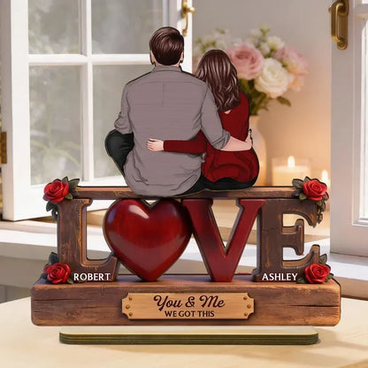 Personalized 2-Layer Wooden Plaque - Embracing Couple with Roses