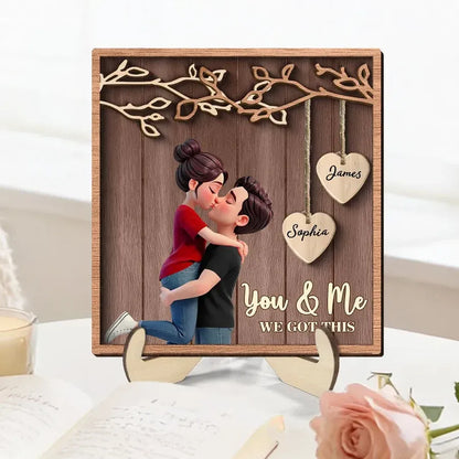 Personalized 2-Layer Wooden Plaque - Couple Under Hanging Hearts