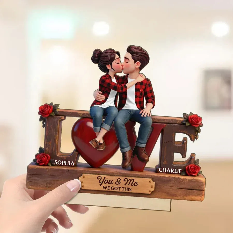 Personalized 2-Layer Wooden Plaque - Kissing Couple on LOVE Letters