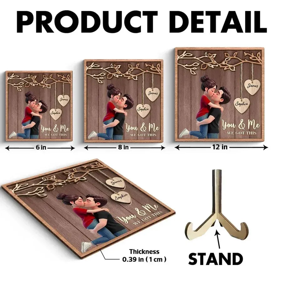 Personalized 2-Layer Wooden Plaque - Couple Under Hanging Hearts