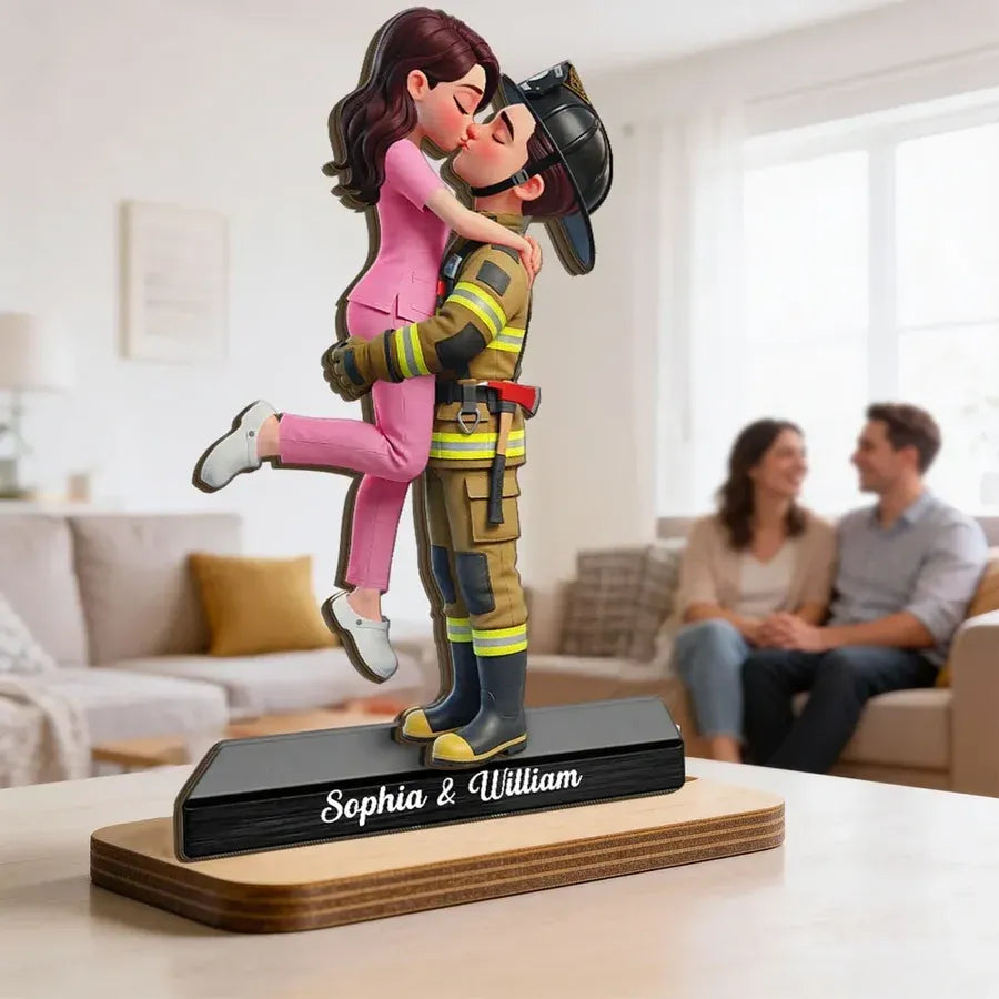 Personalized 2-Layer Wooden Plaque - Uniformed Couple Kiss