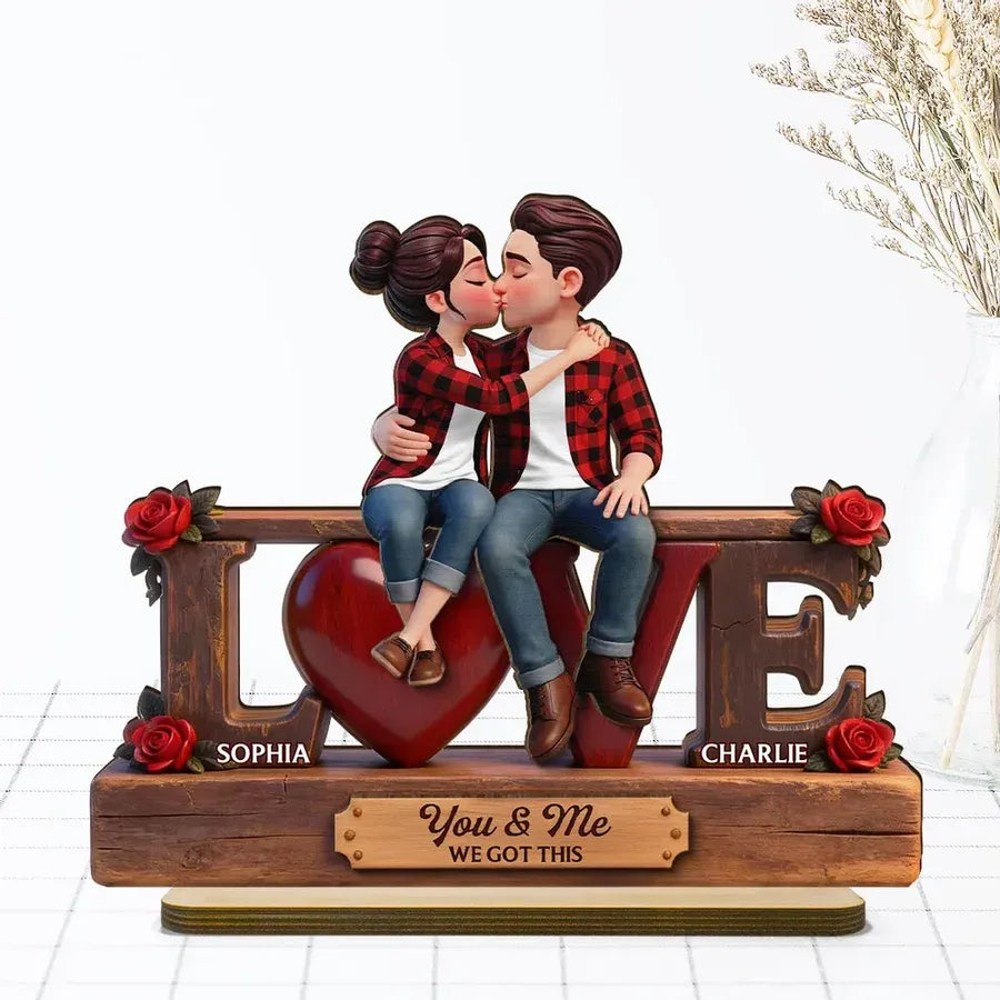 Personalized 2-Layer Wooden Plaque - Kissing Couple on LOVE Letters