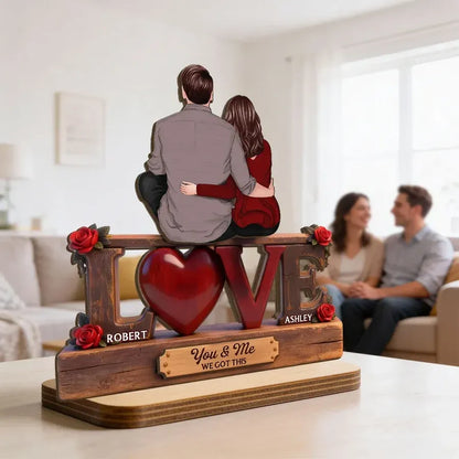 Personalized 2-Layer Wooden Plaque - Embracing Couple with Roses