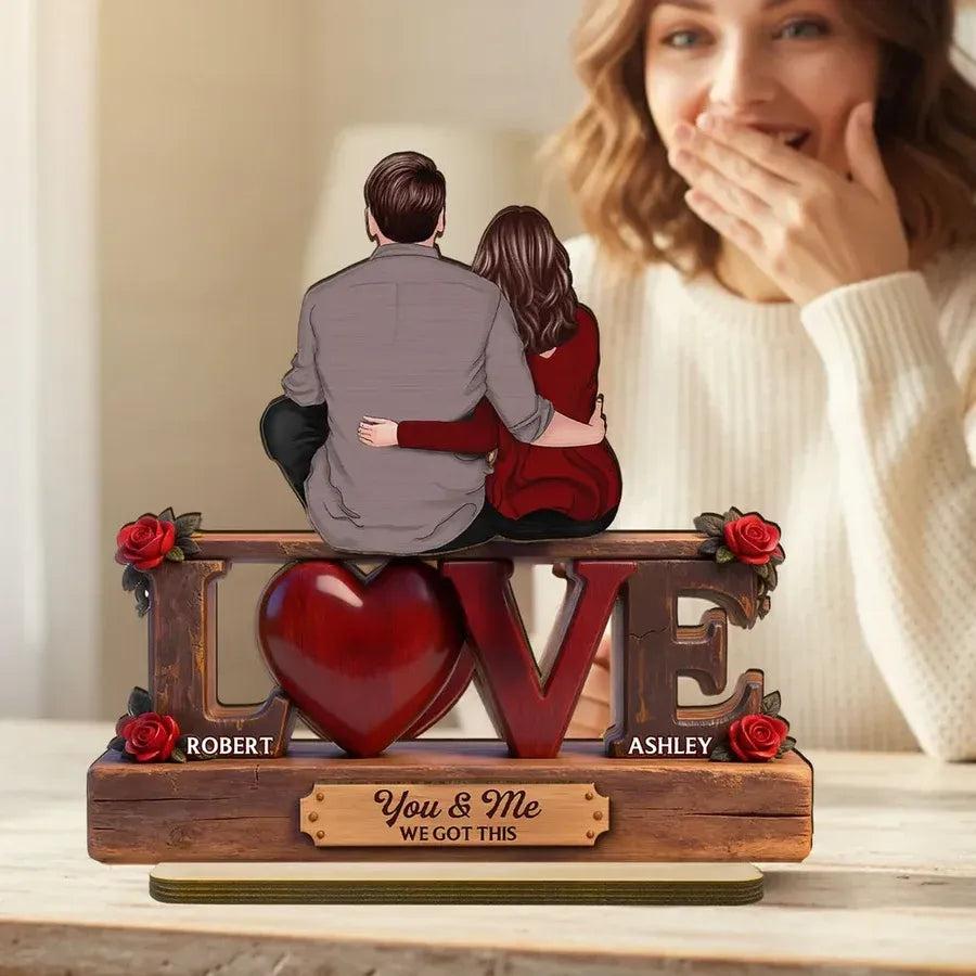 Personalized 2-Layer Wooden Plaque - Embracing Couple with Roses
