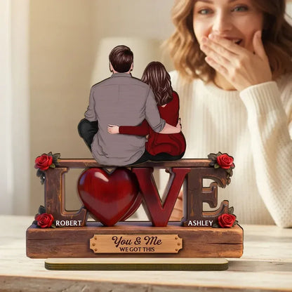 Personalized 2-Layer Wooden Plaque - Embracing Couple with Roses