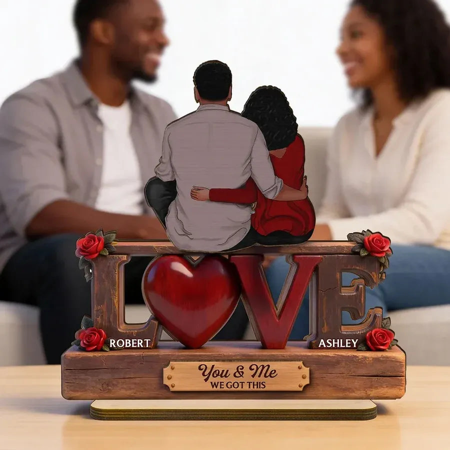 Personalized 2-Layer Wooden Plaque - Embracing Couple with Roses