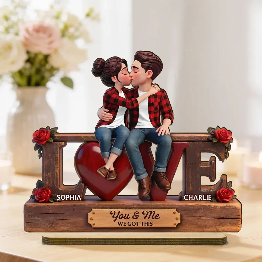 Personalized 2-Layer Wooden Plaque - Kissing Couple on LOVE Letters