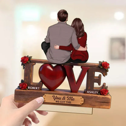 Personalized 2-Layer Wooden Plaque - Embracing Couple with Roses